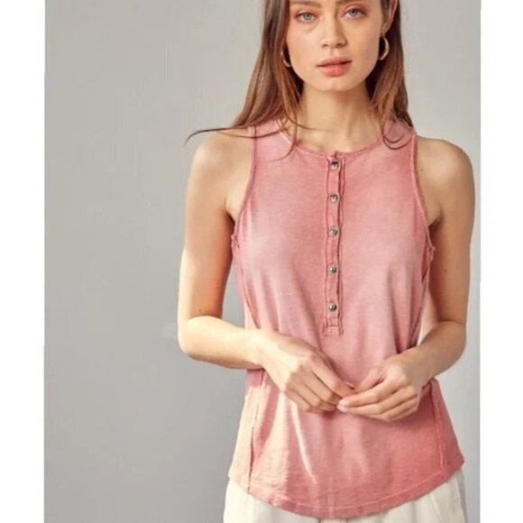 NWT MUSTARD SEED Washed Cotton Pink Henley Tank Top Sz S - Picture 2 of 2